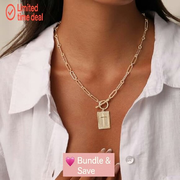 14K Gold Plated Cross Pendant Necklace 16.55" Paperclip Chain Toggle Clasp - Picture 7 of 8